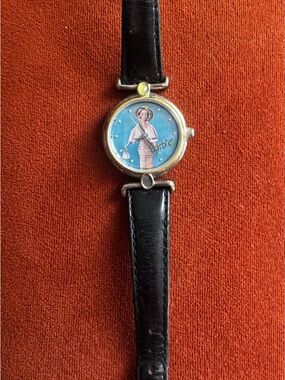 Vintage Fossil Barbie Watch with Black Leather Strap - Blue Dial